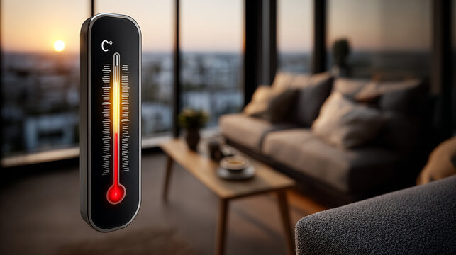 Elevated temperature displayed on a thermometer in a modern living room with a sunset view