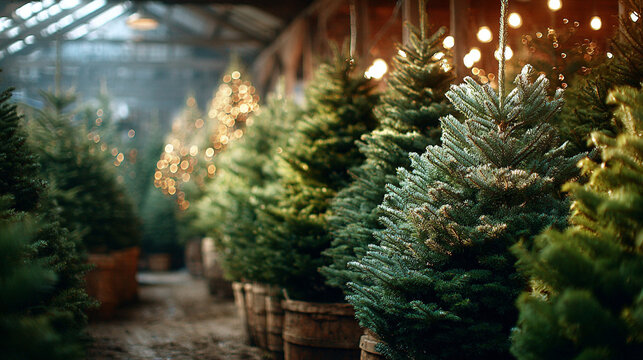 Buy a Christmas tree from a tree lot filled with evergreen trees and decorative lights in a greenhouse during winter