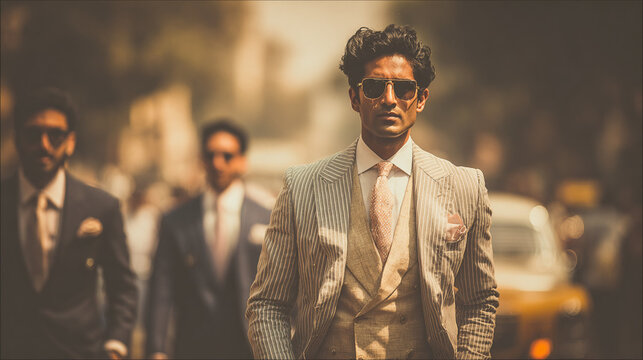 Men dressed in formal clothes walking on a busy street in India during daytime