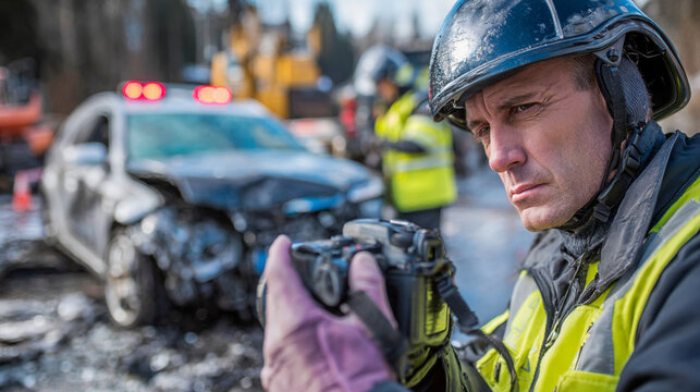 Patrol police officer records details of a traffic accident in a busy area during daylight hours