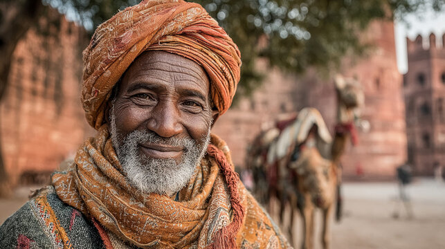 Man in traditional dress stands in front of ancient fort with camels nearby in India