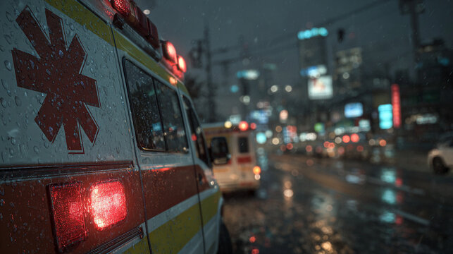 Emergency response in a rainy city at night with bright lights and vehicles on the road