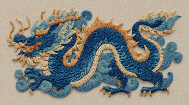 Embroidery pattern of a dragon with flowing waves and intricate details created using multiple thread colors