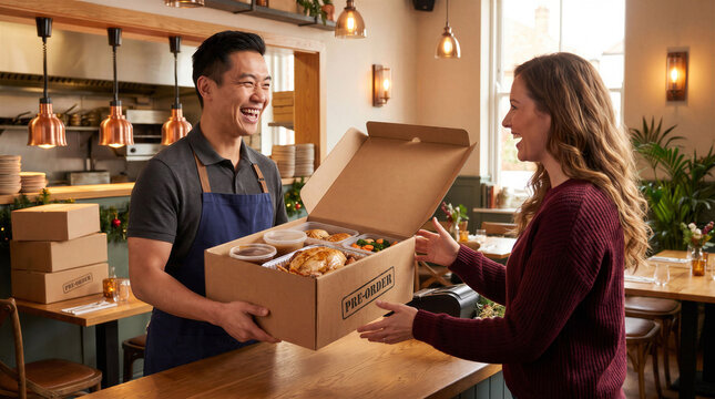Smiling Asian man restaurant worker handing a boxed Thanksgiving meal to a woman customer. Holiday food service, turkey dinner preorder, seasonal hospitality and community sharing concept