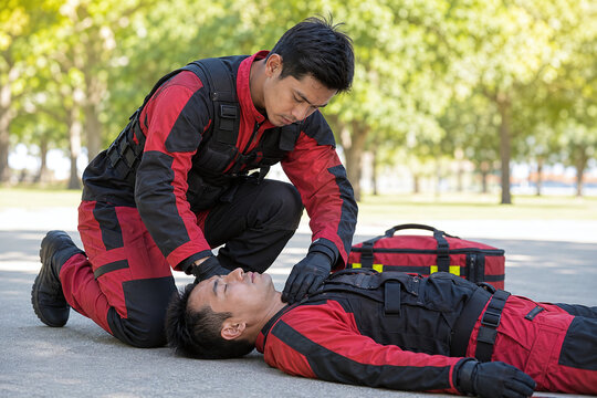 First Responder Paramedic in Red and Black Uniform Assessing Injured Victim and Checking Pulse During Emergency Medical Rescue in Outdoor Park Setting