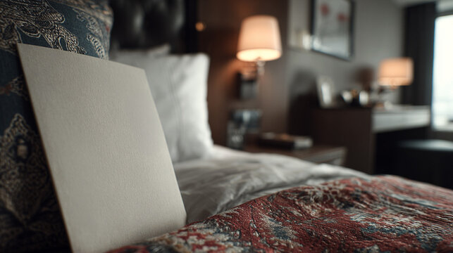 Card on a hotel room bed with lamps and a window in the background