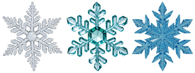 A stunning collection of three unique crystalline snowflakes in silver, turquoise, and blue.
