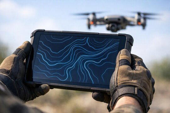 Soldier in Tactical Gloves Operating a Surveillance Drone with a Digital Tablet in the Field; High-Tech Reconnaissance, Modern Warfare, and Military Technology Concept