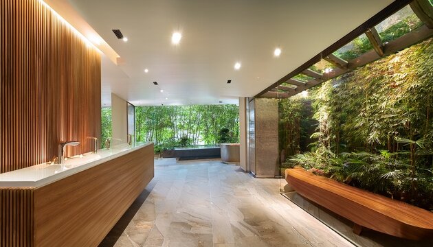 luxury spa reception lobby interior design modern wellness center wooden counter indoor garden water feature minimalist architecture boutique hotel
