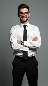 shot of attractive young business man bossy crossed arms friendly smiling meet colleagues look empty space wear specs white office shirt black pants tie isolated grey color background fashi.