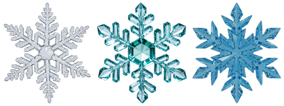 A stunning collection of three unique crystalline snowflakes in silver, turquoise, and blue.