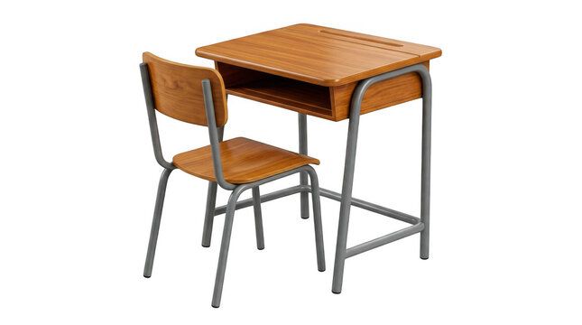 Wooden school desk and chair set for children isolated on a white background for classroom and education study concept isolated on transparent background