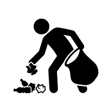 Minimalist black icon of a person bending over to pick up plastic bottles and litter into a bag, representing environmental responsibility.