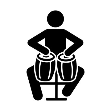 Black and white vector icon of a stick figure musician playing kendang or conga hand drums.