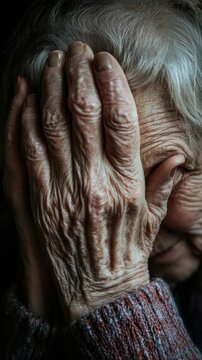 Elderly hands cover face with visible wrinkles and aged skin. Soft lighting highlights texture and emotion in close-up. Expression suggests sorrow or deep reflection