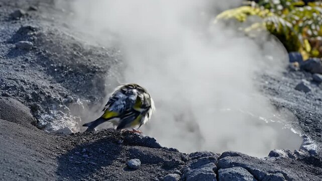 Small yellow bird perches on rocky ground near steaming geothermal vent in natural environment