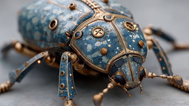 Close-up of a fantastical blue and gold mechanical insect, featuring intricate details, rivets, and gears