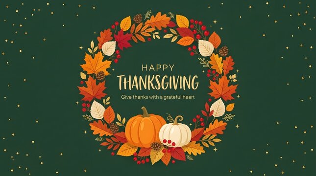 Happy Thanksgiving wreath with autumn leaves and festive greeting for holiday home decor display