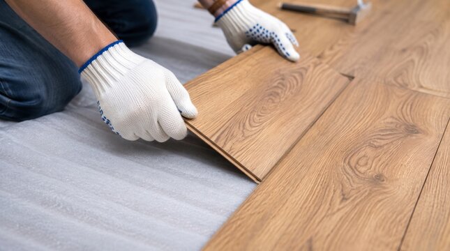 Instala&ccedil;&atilde;o profissional de piso laminado de madeira durante reforma de interiores, trabalhador com luvas montando revestimento.