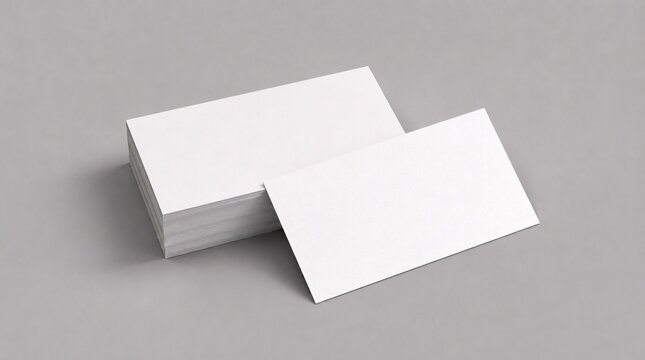 Blank white business card mockup stack on light grey background, template for corporate identity and branding presentation.