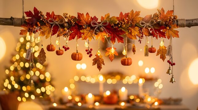 Autumn harvest centerpiece with pumpkins, gourds, and lit candles on rustic wooden table