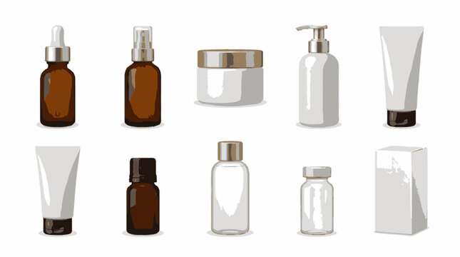 Brown glass and white plastic minimalist cosmetic containers.