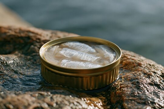 Close-up View of Surstromming Can on Wet Rocky Shore