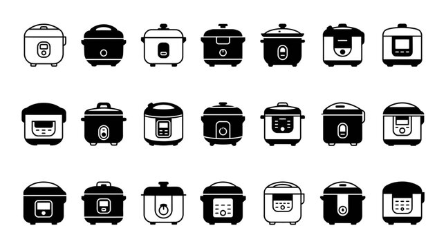 Bold black rice cooker and pressure cooker icons.