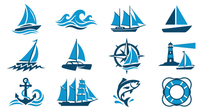Blue nautical and sailing icon collection.