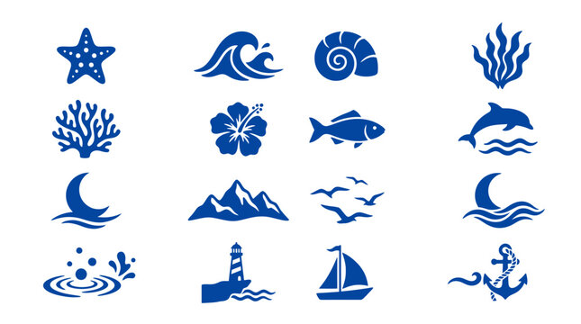 Blue nautical and sea life silhouette icons.