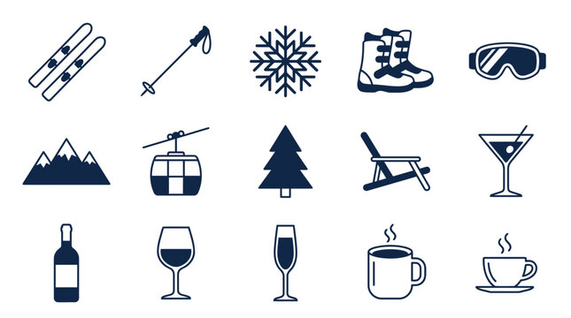 Blue winter vacation and apres-ski icons.