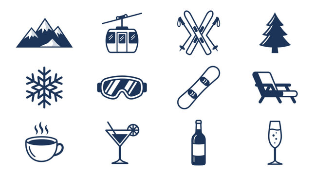 Blue winter sports and ski resort icons