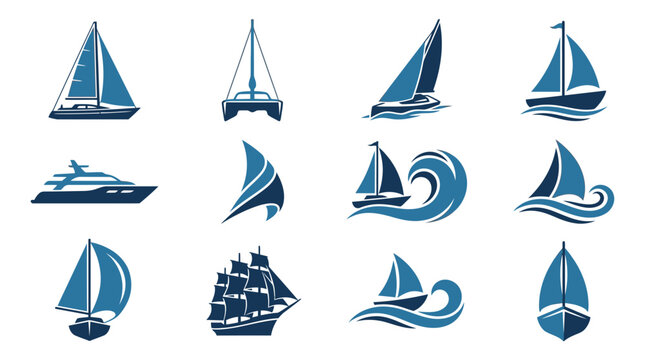 Blue sailboat icons with ocean waves and sun elements.
