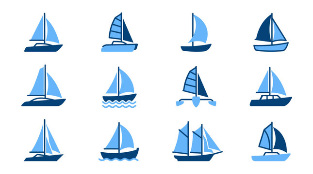 Blue sailboat and yacht icon set on white background.