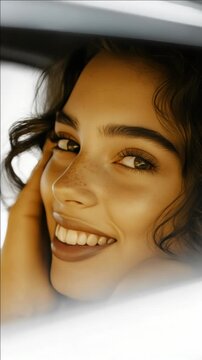 A cheerful female with her head tilted back in a relaxed pose. She is smiling and appears content.