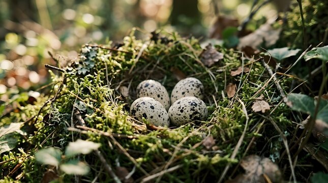 Four spotted wild bird eggs nestled in a natural green moss nest in the forest with wildlife woodland hatching eggshell outdoors ecosystem discovery