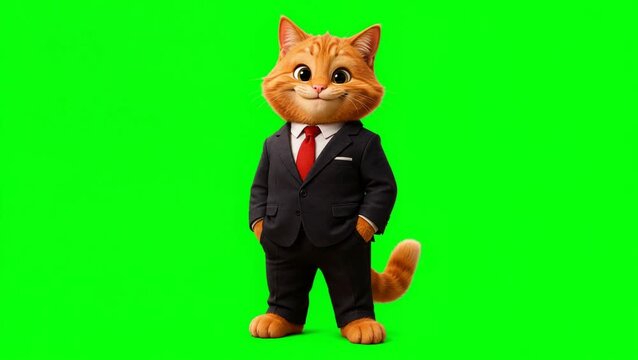 3D business ginger cat character smiling and nodding head in approval on green screen chroma key