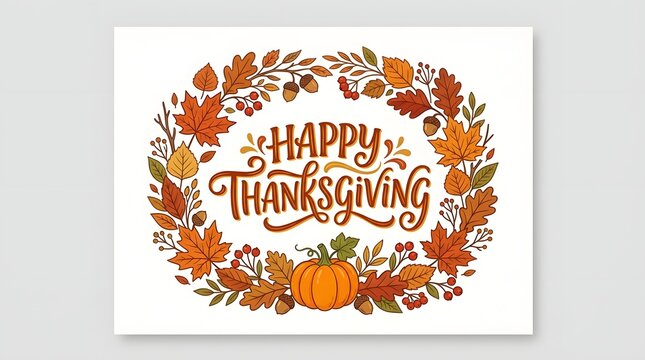 Happy Thanksgiving wreath with autumn leaves and pumpkins on white background for holiday decor