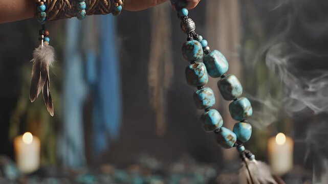 Mystical turquoise beaded necklace and bracelet with feathers, smoke, and candlelight for spiritual or bohemian themes