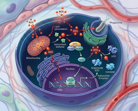 Scientific illustration showing cellular structure, mitochondria, nucleus, and antioxidant defense mechanisms against reactive oxygen species