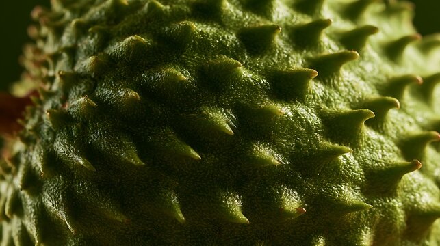 Close up view of the green spiky texture of a soursop fruit.