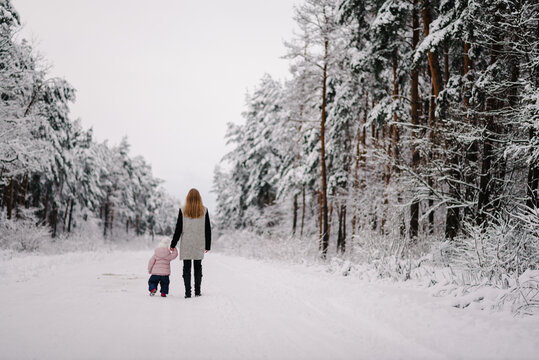 Mother with little daughter holding hands, walking along snowy road in middle of winter forest. Family enjoying joint walk. Happy childhood moments, winter leisure, nature. Back view.