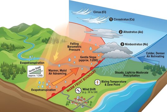 Meteorological illustration of a warm front weather system showing cloud formation and atmospheric pressure changes