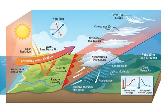 Meteorological Diagram of a Warm Front Showing Weather System Dynamics and Cloud Formation Stages