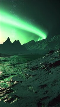 d aurora borealis over rocky terrain at night.