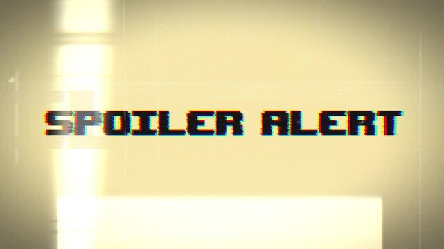 Spoiler alert text animation with retro VHS distortion, film grain, scan lines, flickering light, chromatic aberration, and warm vintage film effects.