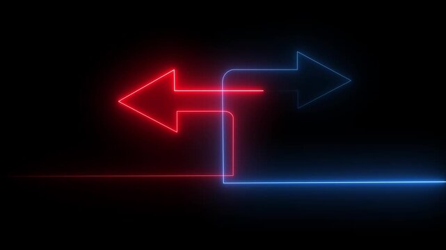 Blue and red neon arrows pointing left and right on a black background direction choice