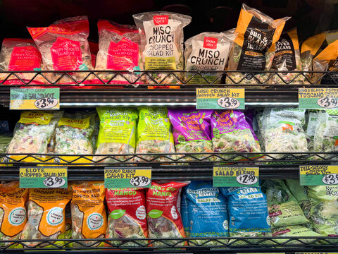 Trader Joe's salad kits displayed in Kalamazoo, Michigan on August 11, 2026