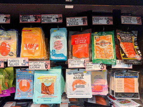Trader Joe's smoked salmon and fish display in Kalamazoo, Michigan on August 11, 2026