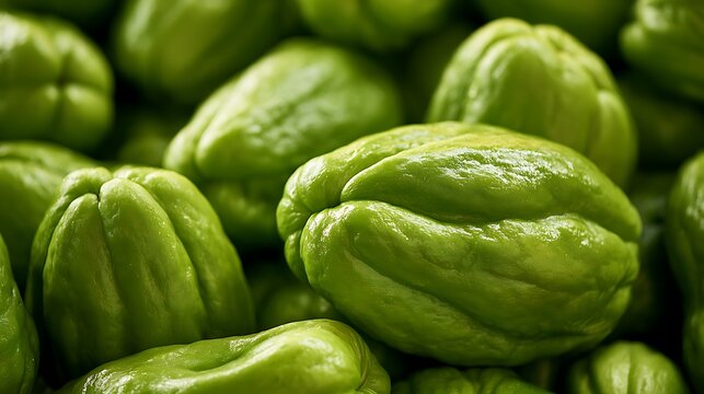 Fresh Raw Chayote Squash Vegetable Pile Background.